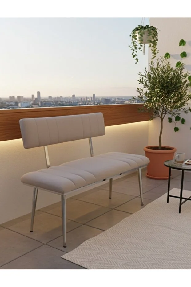 Krem Metal Ayaklı Metal Kasalı Sırtlı Krom Bench 